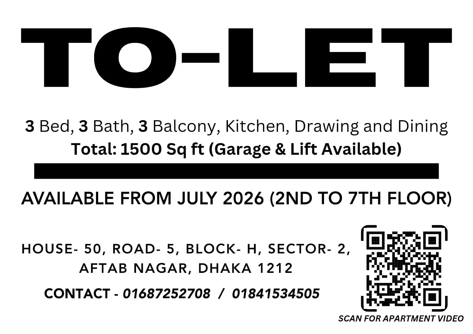 Aftabnagar flat for rent 1500 sft - Image 1